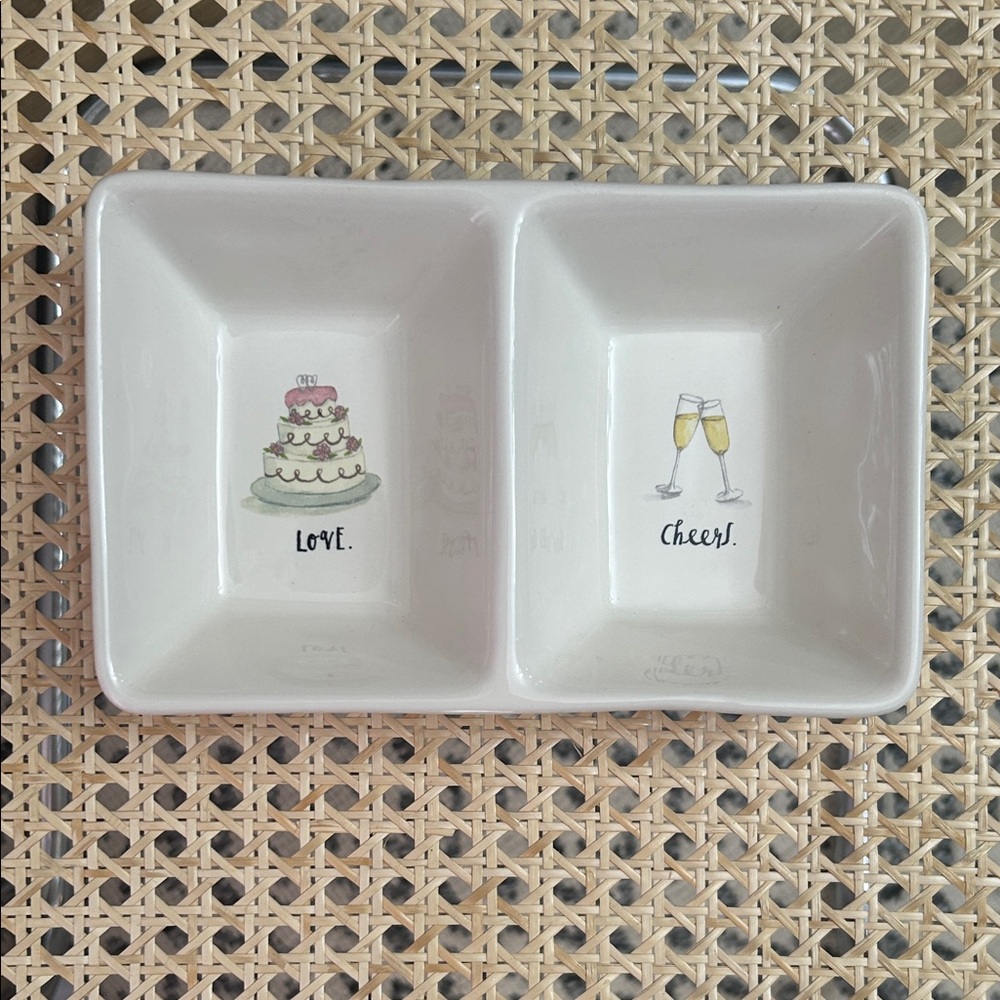 Rae Dunn Divided Dish with Cake and Cheers Design / Wedding Gift & Decor